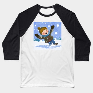 Boy Having Fun In Snow Baseball T-Shirt